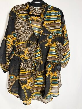 Black Baroque-Print Sheer Drawstring Blouse